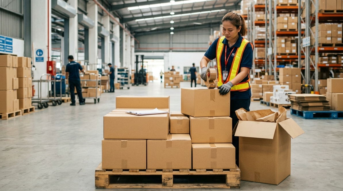 Reusable transit packaging and cardboard boxes stacked on a pallet
