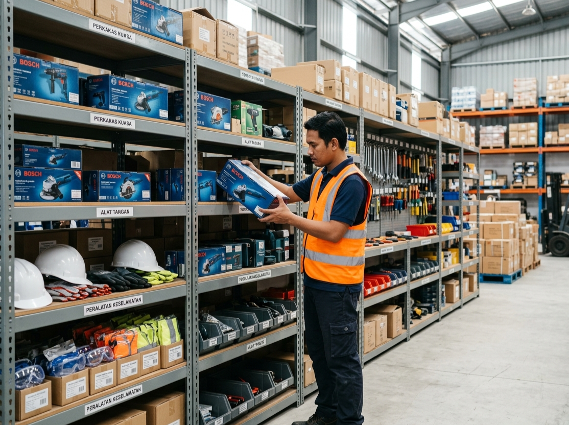 Organised tool and equipment shelving in the Berjaya Hardware warehouse